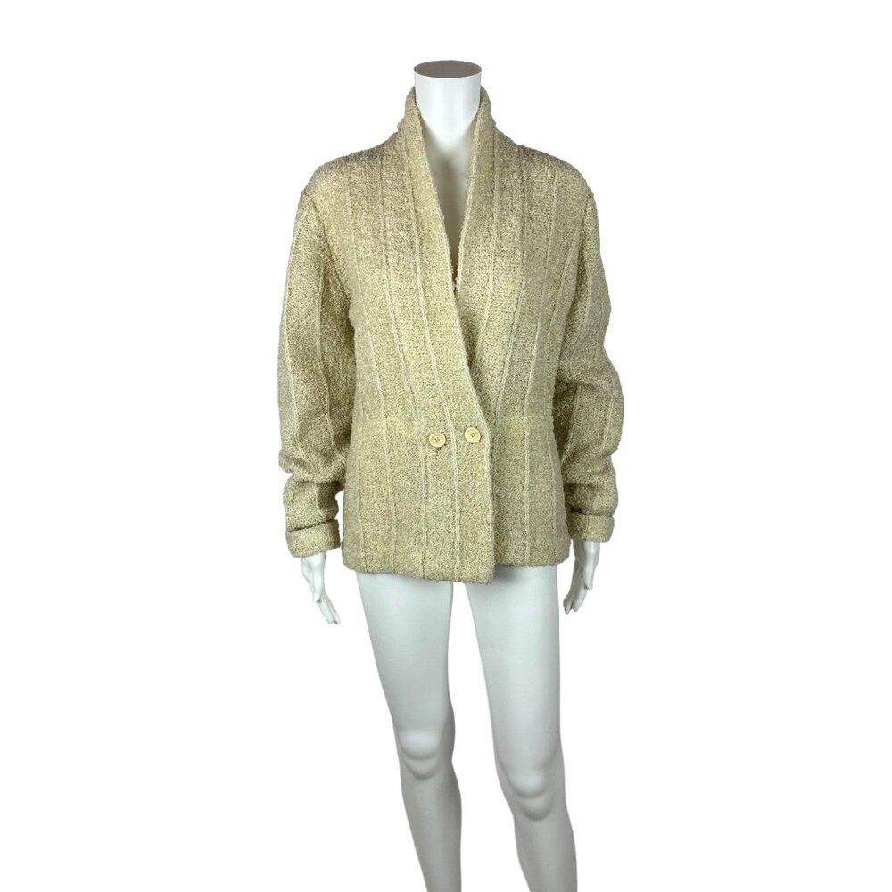 Vintage 80s Sweater Coat Women's Large Cream Acrylic Smoking Jacket